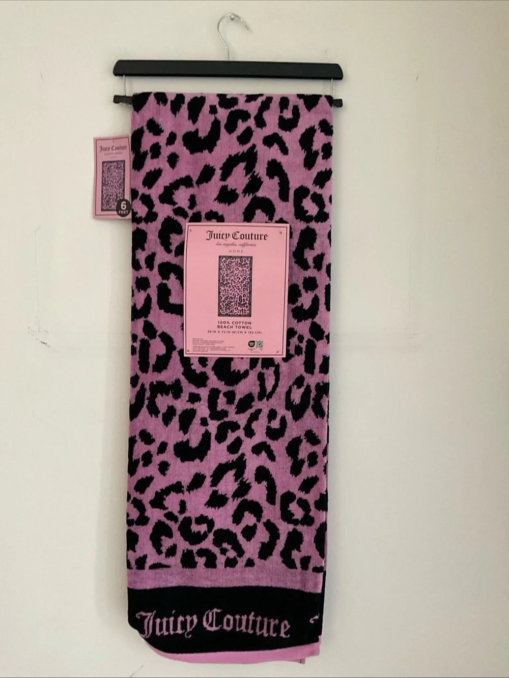 JUICY COUTURE PINK BLACK LEOPARD PRINT 6 FEET BEACH POOL TOWEL NWT